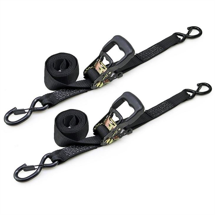 1.5 Inch Ratchet Tie Down Strap With Rubber Handle & Lockable S Hook For Heavy Duty Cargo Storage