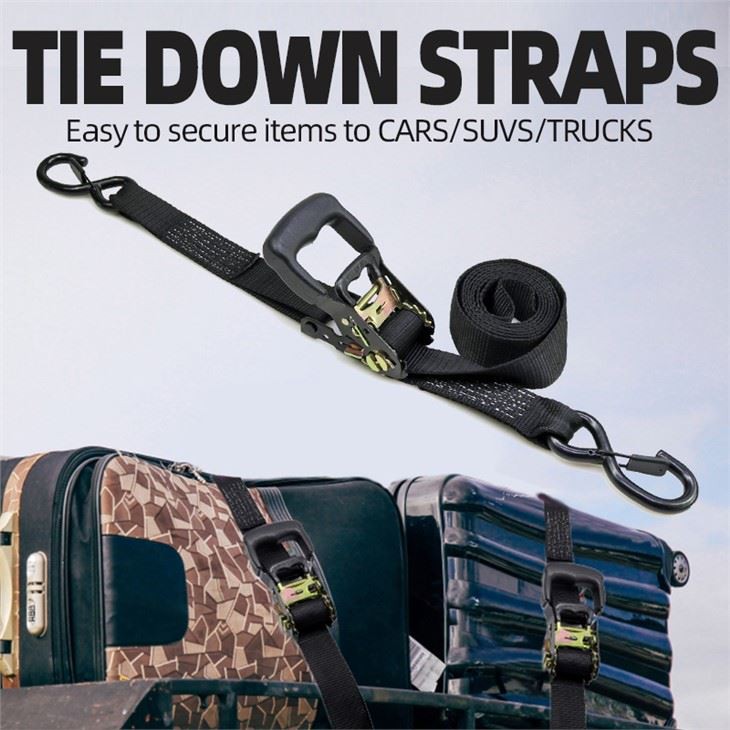 1.5 Inch Ratchet Tie Down Strap With Rubber Handle & Lockable S Hook For Heavy Duty Cargo Storage
